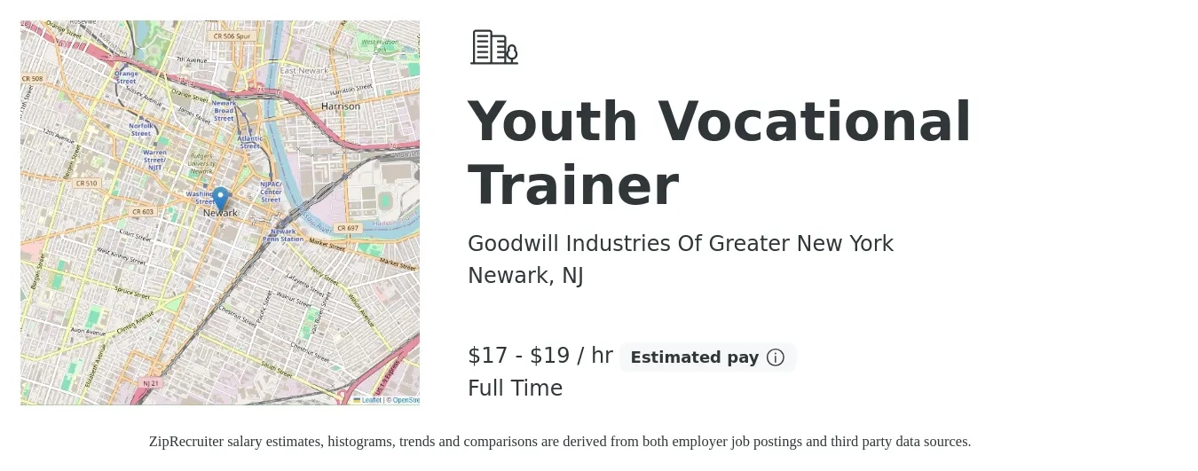 Goodwill Industries Of Greater New York job posting for a Youth Vocational Trainer in Newark, NJ with a salary of $18 to $20 Hourly with a map of Newark location.