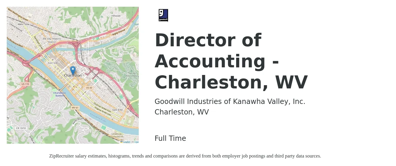 Goodwill Industries of Kanawha Valley, Inc. job posting for a Director of Accounting - Charleston, WV in Charleston, WV with a salary of $102,000 to $155,500 Yearly with a map of Charleston location.