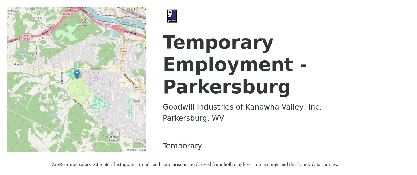 Goodwill Industries of Kanawha Valley, Inc. job posting for a Temporary Employment - Parkersburg in Parkersburg, WV with a salary of $18 to $23 Hourly with a map of Parkersburg location.