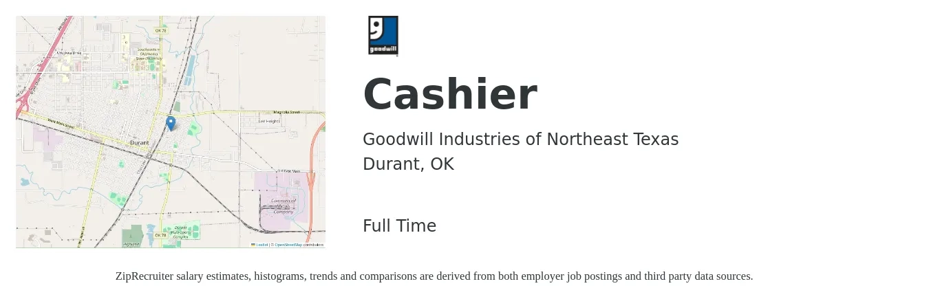 Goodwill Industries of Northeast Texas job posting for a Cashier in Durant, OK with a salary of $10 to $13 Hourly with a map of Durant location.