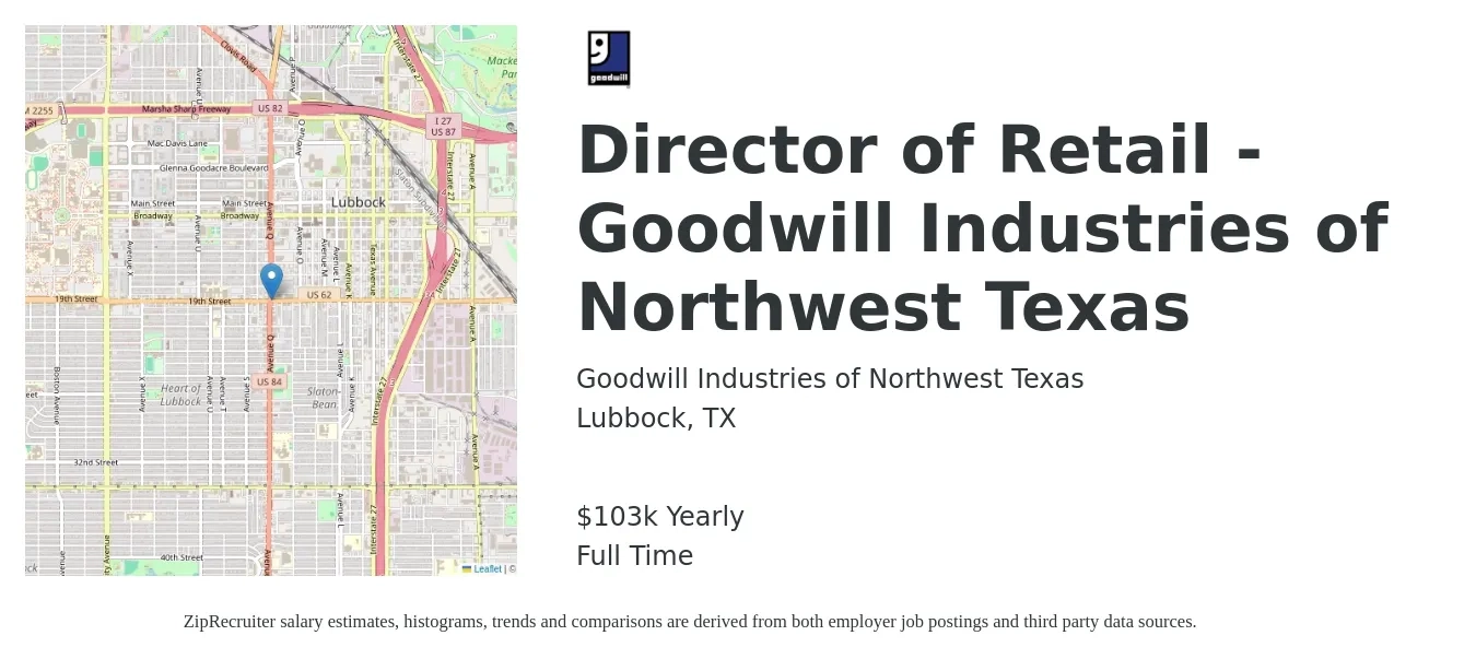 Goodwill Industries of Northwest Texas job posting for a Director of Retail - Goodwill Industries of Northwest Texas in Lubbock, TX with a salary of $103,000 Yearly with a map of Lubbock location.