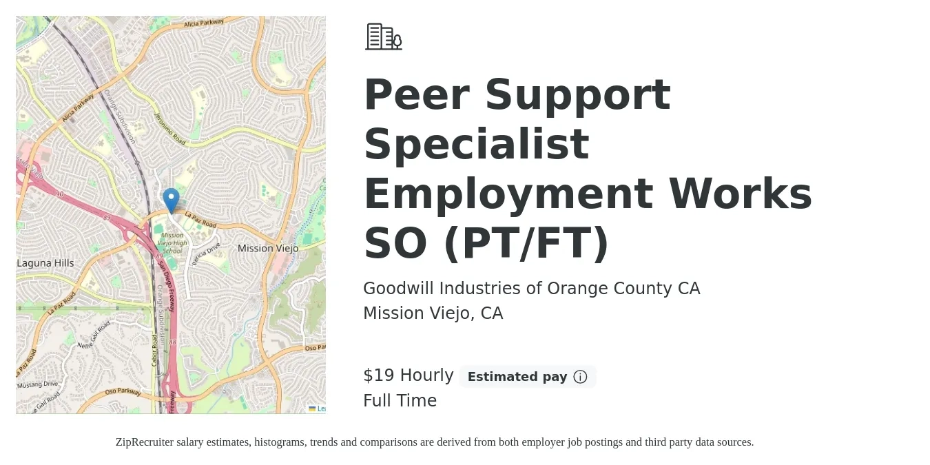 Goodwill Industries of Orange County CA job posting for a Peer Support Specialist Employment Works SO (PT/FT) in Mission Viejo, CA with a salary of $20 Hourly with a map of Mission Viejo location.