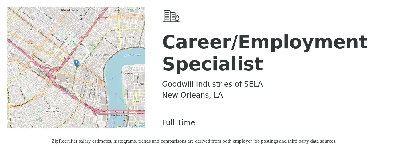 Goodwill Industries of SELA job posting for a Career/Employment Specialist in New Orleans, LA with a salary of $18 to $29 Hourly with a map of New Orleans location.