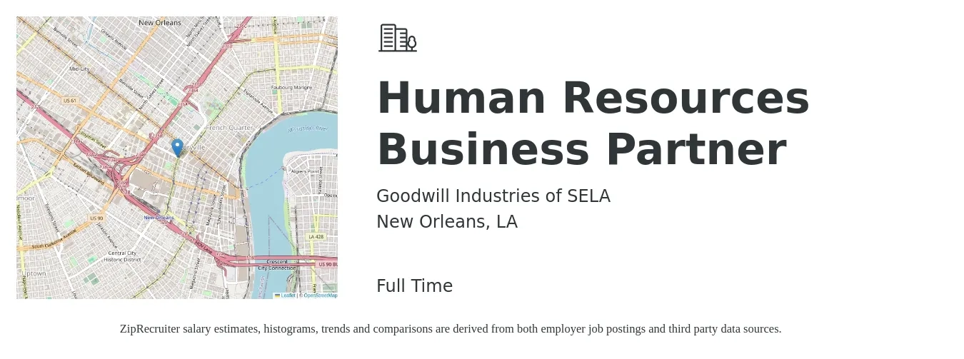 Goodwill Industries of SELA job posting for a Human Resources Business Partner in New Orleans, LA with a salary of $69,100 to $98,400 Yearly with a map of New Orleans location.