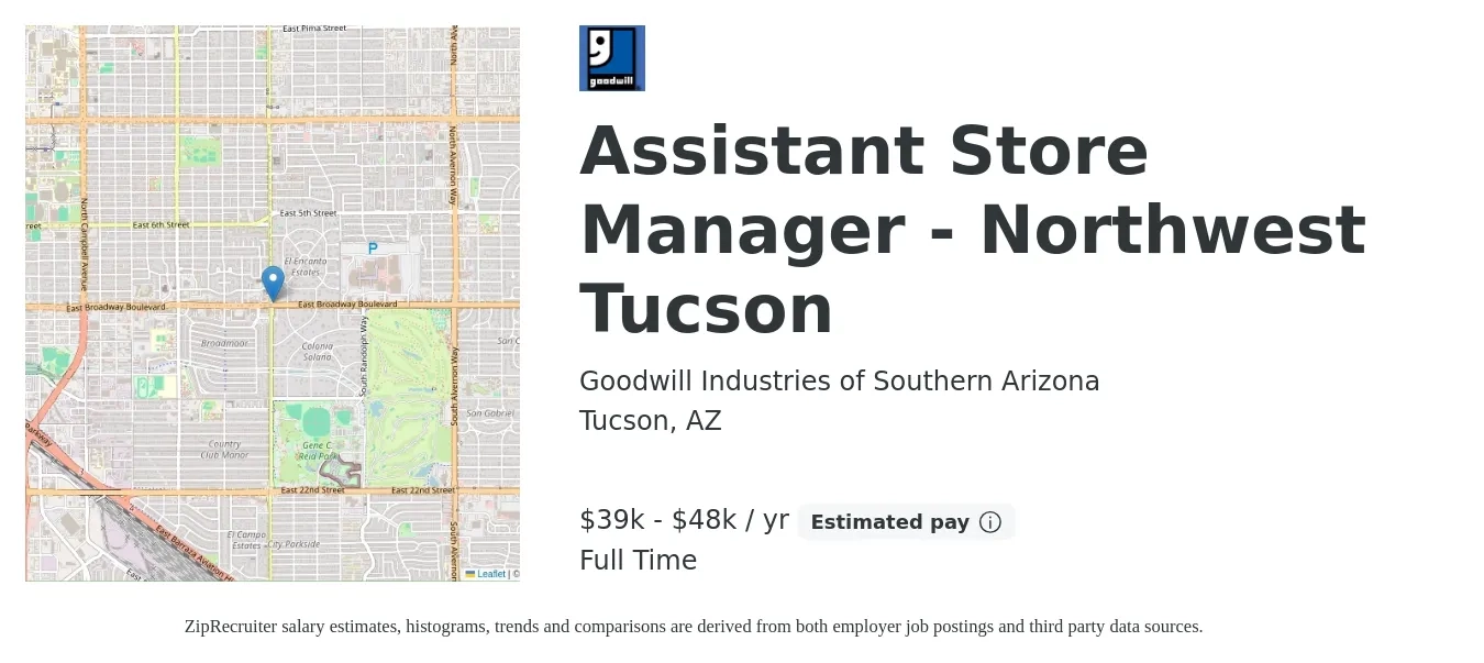 Goodwill Industries of Southern Arizona job posting for a Assistant Store Manager - Northwest Tucson in Tucson, AZ with a salary of $39,000 to $48,000 Yearly with a map of Tucson location.