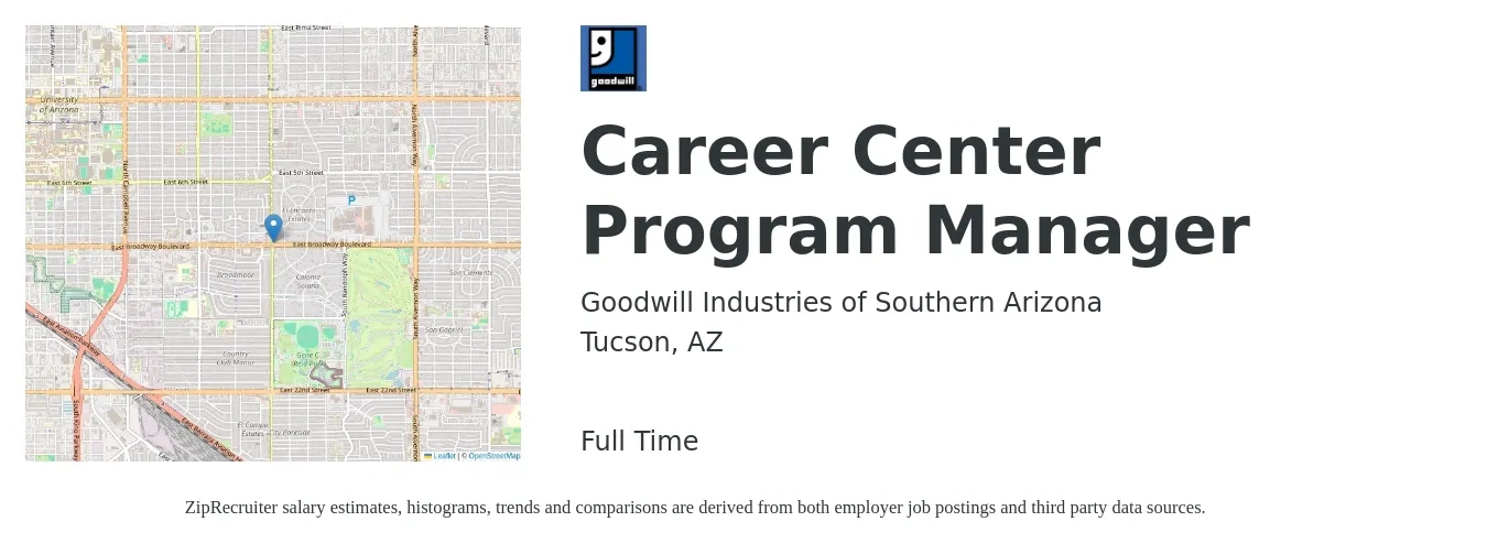 Goodwill Industries of Southern Arizona job posting for a Career Center Program Manager in Tucson, AZ with a salary of $68,400 to $114,000 Yearly with a map of Tucson location.