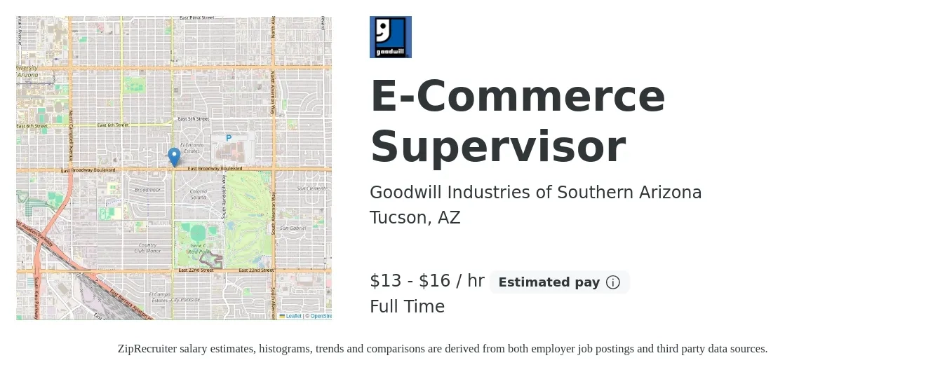 Goodwill Industries of Southern Arizona job posting for a E-Commerce Supervisor in Tucson, AZ with a salary of $14 to $18 Hourly with a map of Tucson location.