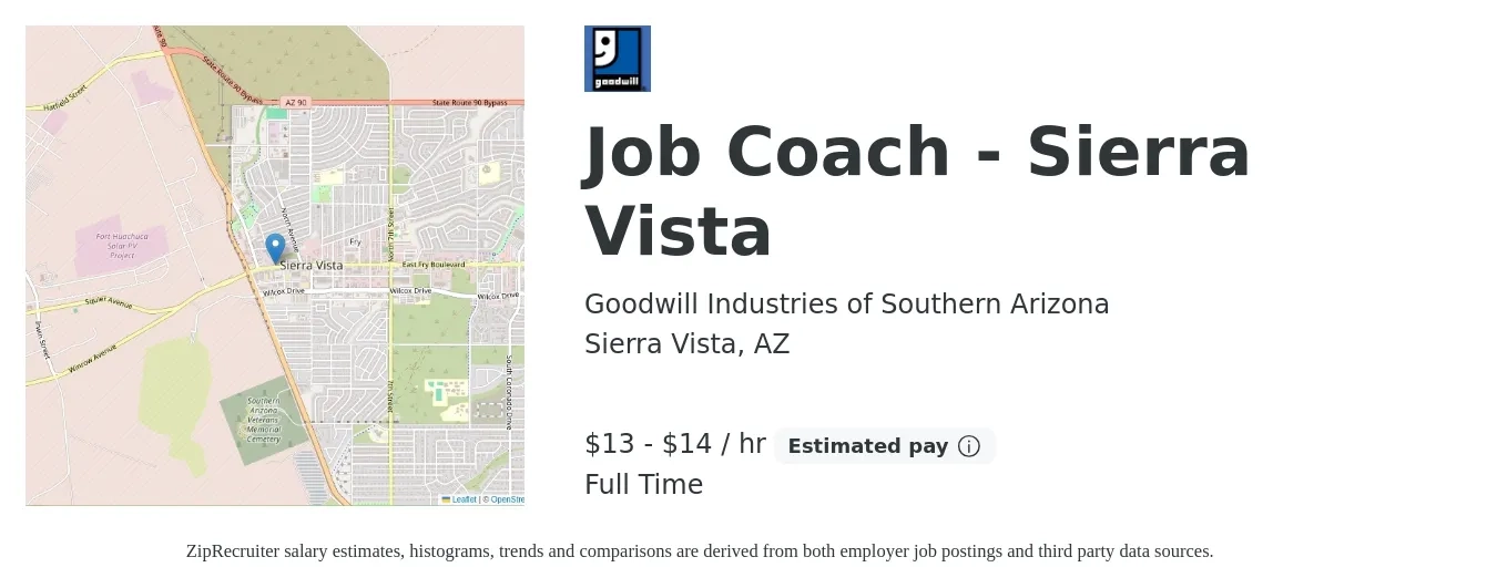 Goodwill Industries of Southern Arizona job posting for a Job Coach - Sierra Vista in Sierra Vista, AZ with a salary of $14 to $15 Hourly with a map of Sierra Vista location.