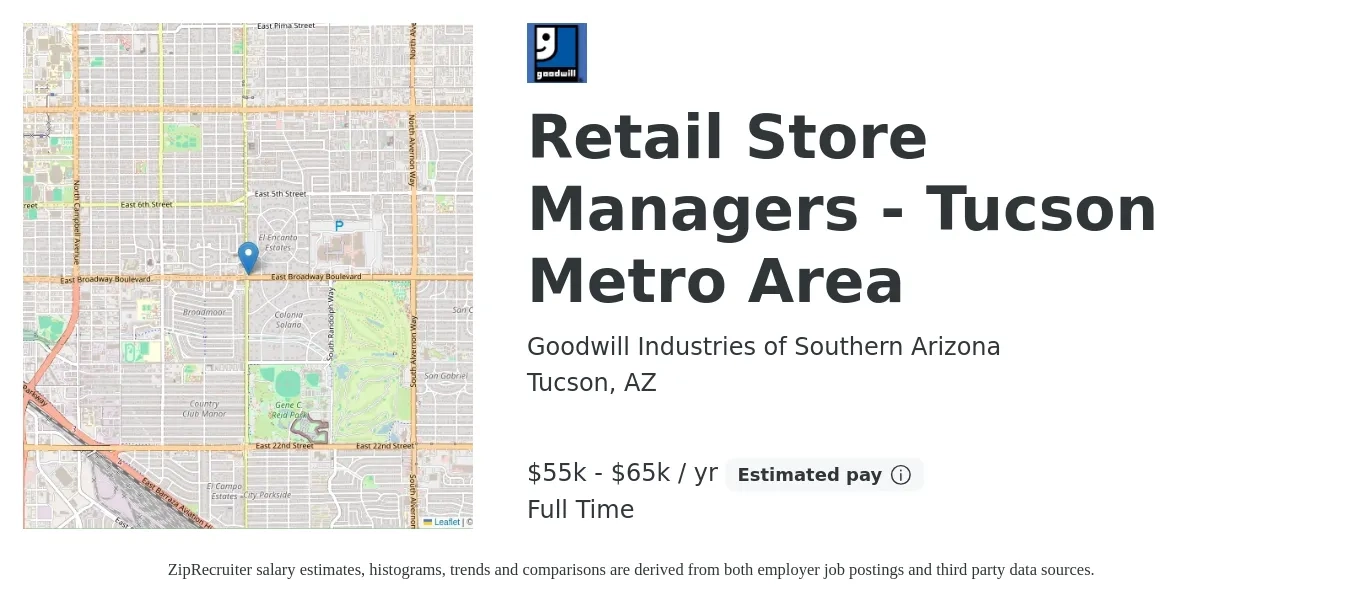 Goodwill Industries of Southern Arizona job posting for a Retail Store Managers - Tucson Metro Area in Tucson, AZ with a salary of $55,000 to $65,000 Yearly with a map of Tucson location.