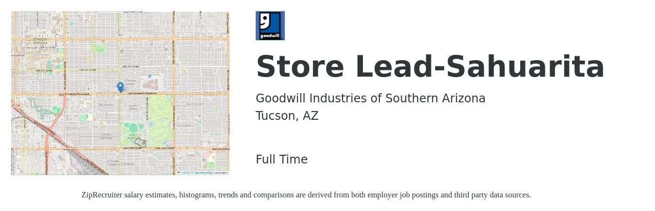 Goodwill Industries of Southern Arizona job posting for a Store Lead-Sahuarita in Tucson, AZ with a salary of $16 to $21 Hourly with a map of Tucson location.