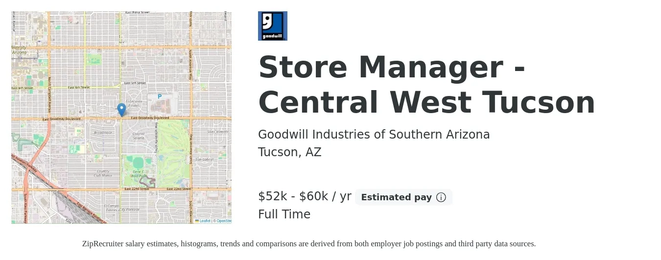 Goodwill Industries of Southern Arizona job posting for a Store Manager - Central West Tucson in Tucson, AZ with a salary of $52,000 to $60,000 Yearly with a map of Tucson location.
