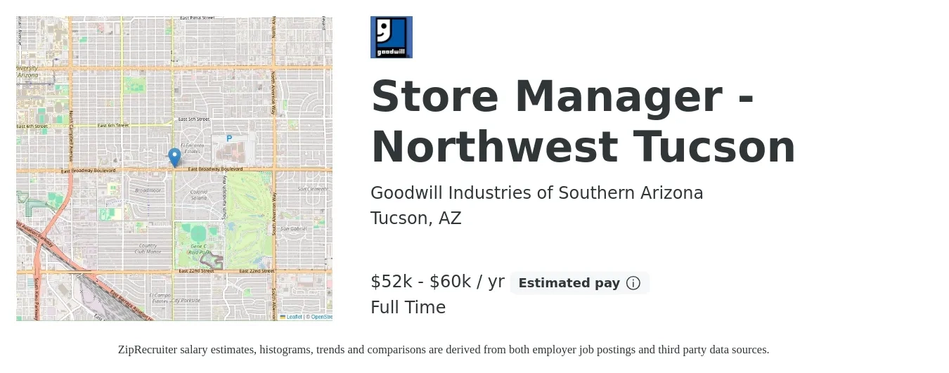 Goodwill Industries of Southern Arizona job posting for a Store Manager - Northwest Tucson in Tucson, AZ with a salary of $52,000 to $60,000 Yearly with a map of Tucson location.
