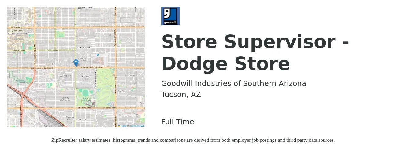 Goodwill Industries of Southern Arizona job posting for a Store Supervisor - Dodge Store in Tucson, AZ with a salary of $35,700 to $55,500 Yearly with a map of Tucson location.