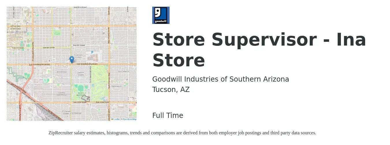 Goodwill Industries of Southern Arizona job posting for a Store Supervisor - Ina Store in Tucson, AZ with a salary of $16 to $24 Hourly with a map of Tucson location.