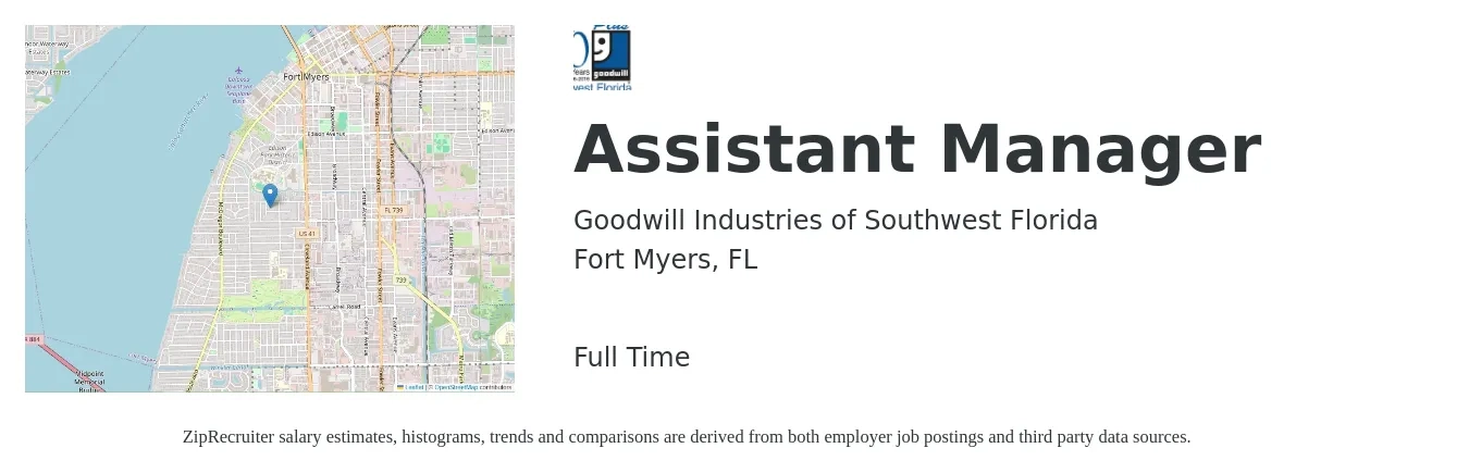 Goodwill Industries of Southwest Florida job posting for a Assistant Manager in Fort Myers, FL with a salary of $15 to $21 Hourly with a map of Fort Myers location.