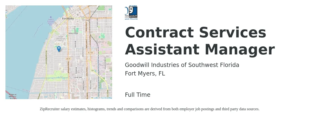 Goodwill Industries of Southwest Florida job posting for a Contract Services Assistant Manager in Fort Myers, FL with a salary of $33,600 to $68,600 Yearly with a map of Fort Myers location.