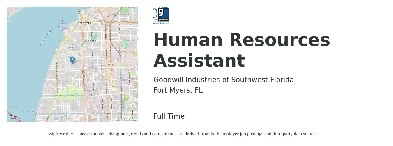 Goodwill Industries of Southwest Florida job posting for a Human Resources Assistant in Fort Myers, FL with a salary of $35,000 to $44,800 Yearly with a map of Fort Myers location.