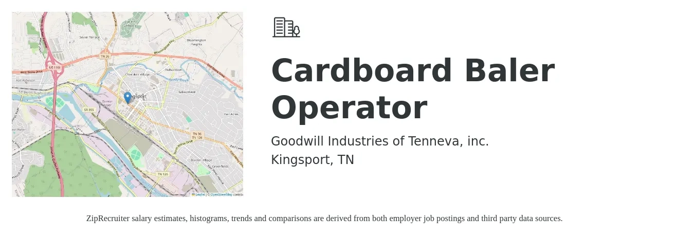 Goodwill Industries of Tenneva, inc. job posting for a Cardboard Baler Operator in Kingsport, TN with a salary of $16 Hourly with a map of Kingsport location.