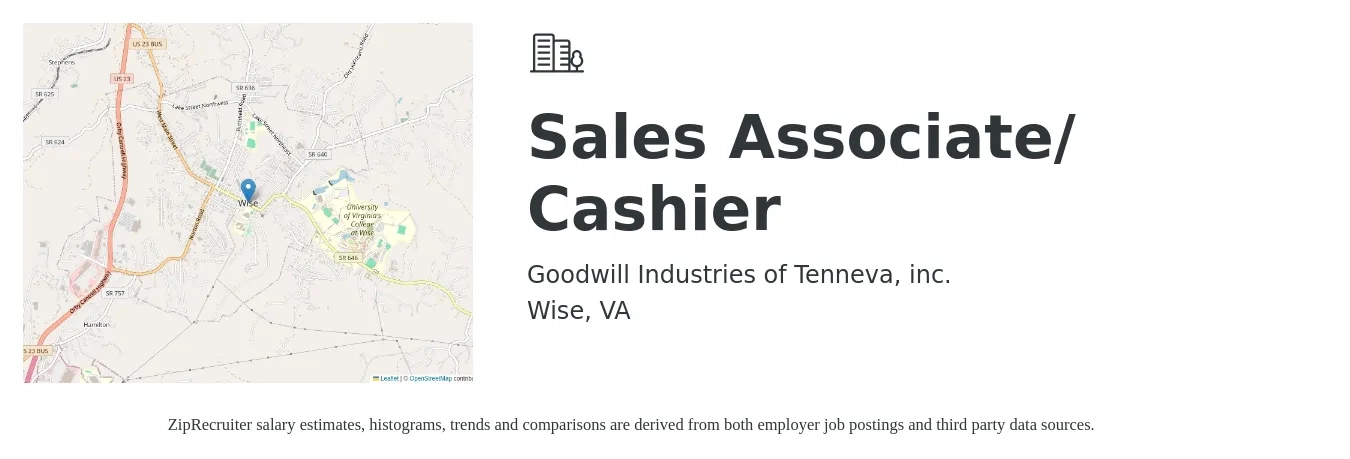 Goodwill Industries of Tenneva, inc. job posting for a Sales Associate/ Cashier in Wise, VA with a salary of $12 to $18 Hourly with a map of Wise location.