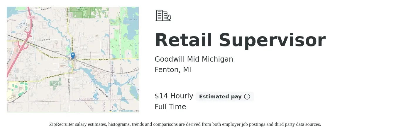 Goodwill Mid Michigan job posting for a Retail Supervisor in Fenton, MI with a salary of $15 Hourly with a map of Fenton location.