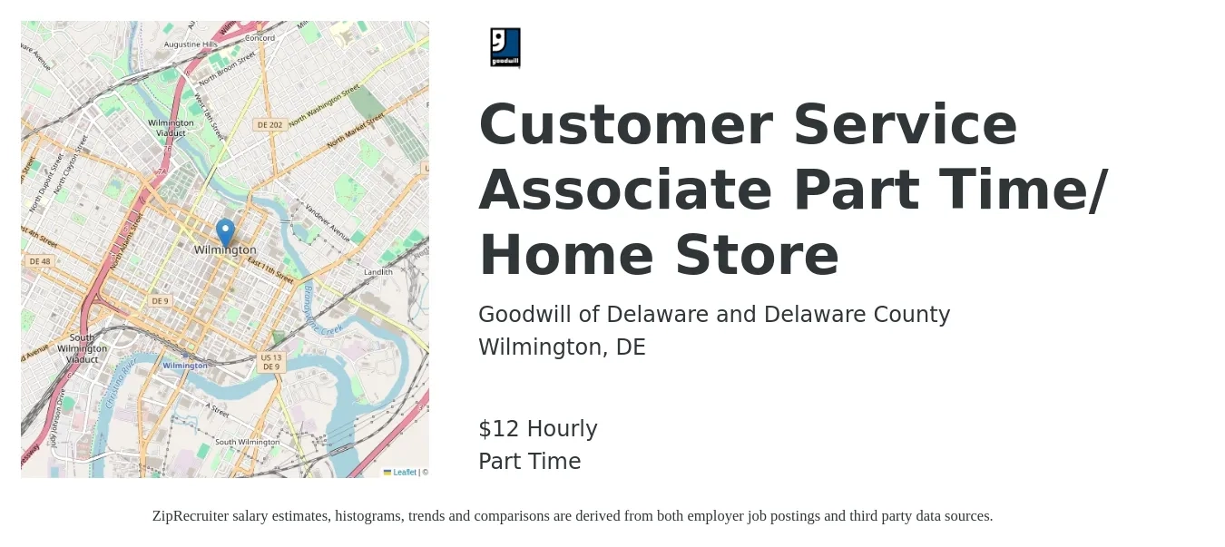 Goodwill of Delaware and Delaware County job posting for a Customer Service Associate Part Time/ Home Store in Wilmington, DE with a salary of $14 Hourly with a map of Wilmington location.