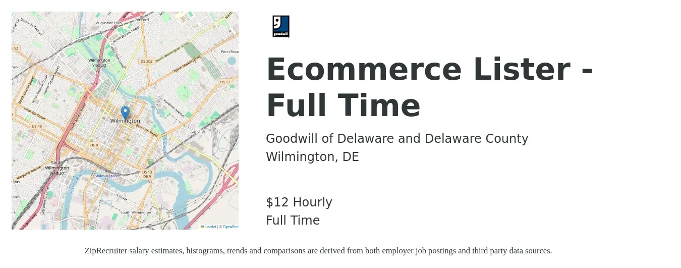 Goodwill of Delaware and Delaware County job posting for a Ecommerce Lister - Full Time in Wilmington, DE with a salary of $14 Hourly with a map of Wilmington location.