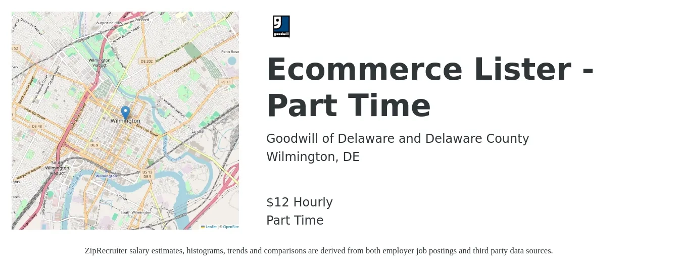 Goodwill of Delaware and Delaware County job posting for a Ecommerce Lister - Part Time in Wilmington, DE with a salary of $14 Hourly with a map of Wilmington location.