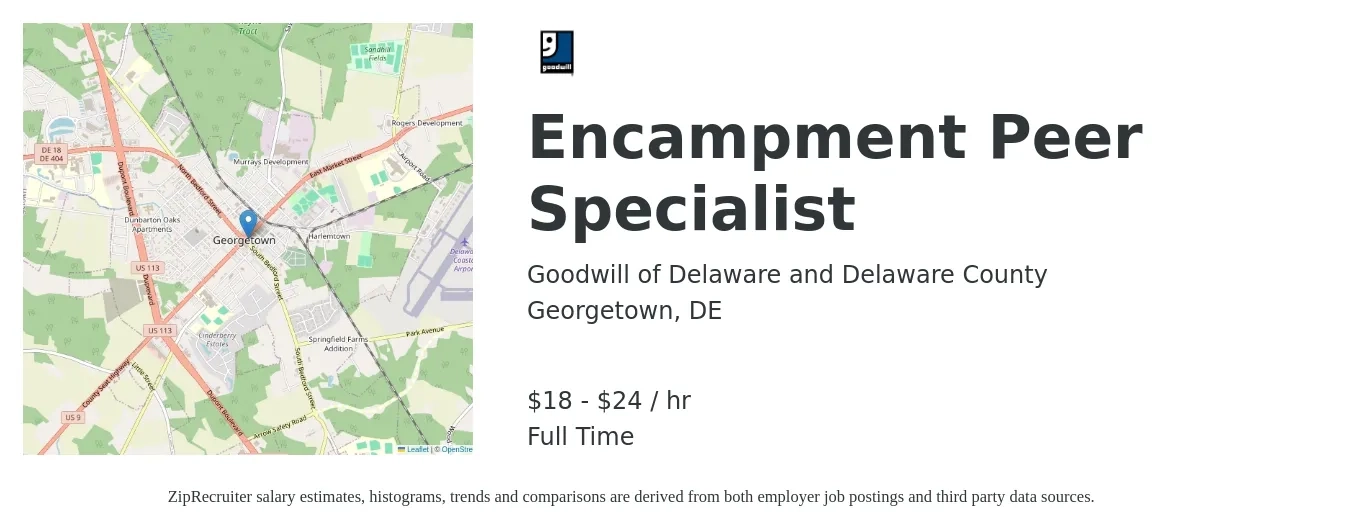 Goodwill of Delaware and Delaware County job posting for a Encampment Peer Specialist in Georgetown, DE with a salary of $19 to $25 Hourly with a map of Georgetown location.