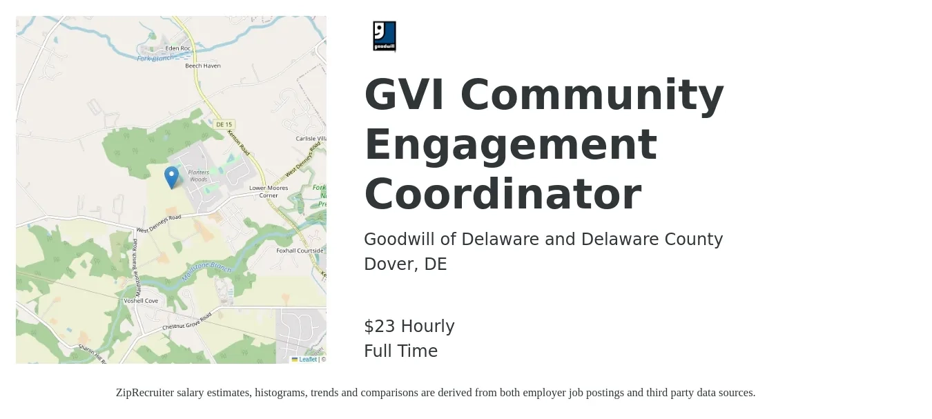 Goodwill of Delaware and Delaware County job posting for a GVI Community Engagement Coordinator in Dover, DE with a salary of $24 Hourly with a map of Dover location.