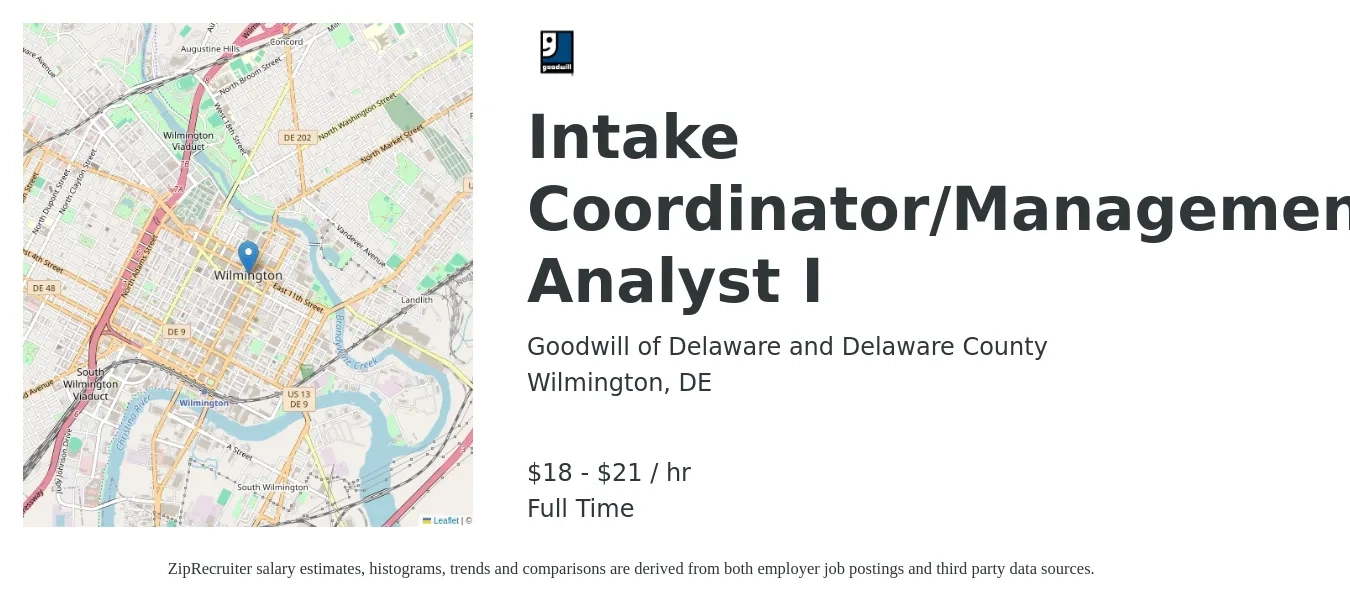 Goodwill of Delaware and Delaware County job posting for a Intake Coordinator/Management Analyst I in Wilmington, DE with a salary of $19 to $22 Hourly with a map of Wilmington location.