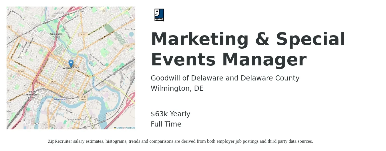 Goodwill of Delaware and Delaware County job posting for a Marketing & Special Events Manager in Wilmington, DE with a salary of $63,000 Yearly with a map of Wilmington location.