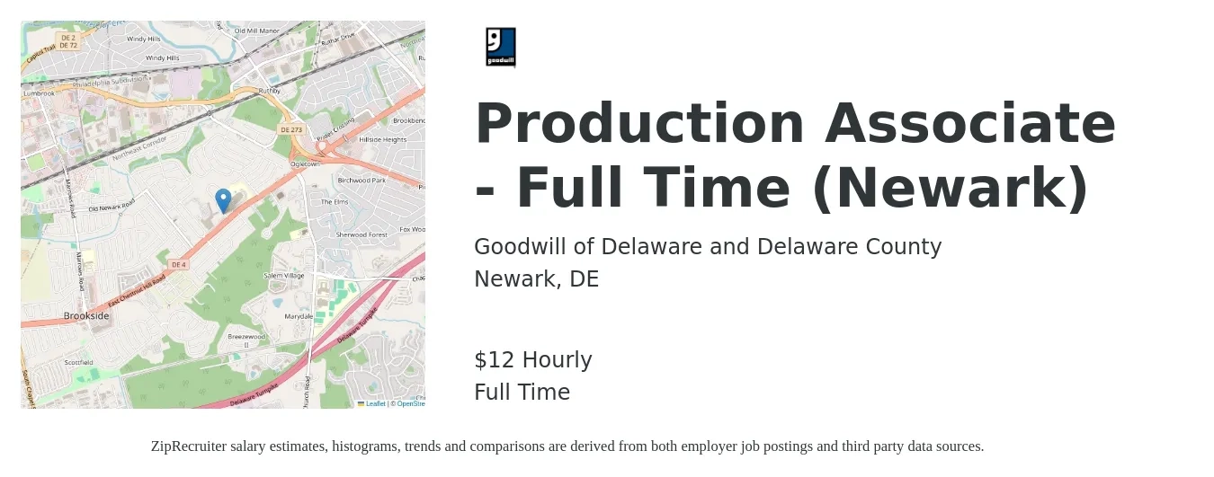 Goodwill of Delaware and Delaware County job posting for a Production Associate Full Time/ Newark in Newark, DE with a salary of $14 Hourly with a map of Newark location.