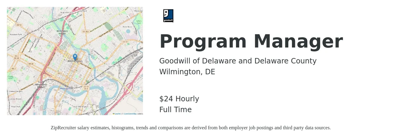 Goodwill of Delaware and Delaware County job posting for a Program Manager in Wilmington, DE with a salary of $25 Hourly with a map of Wilmington location.