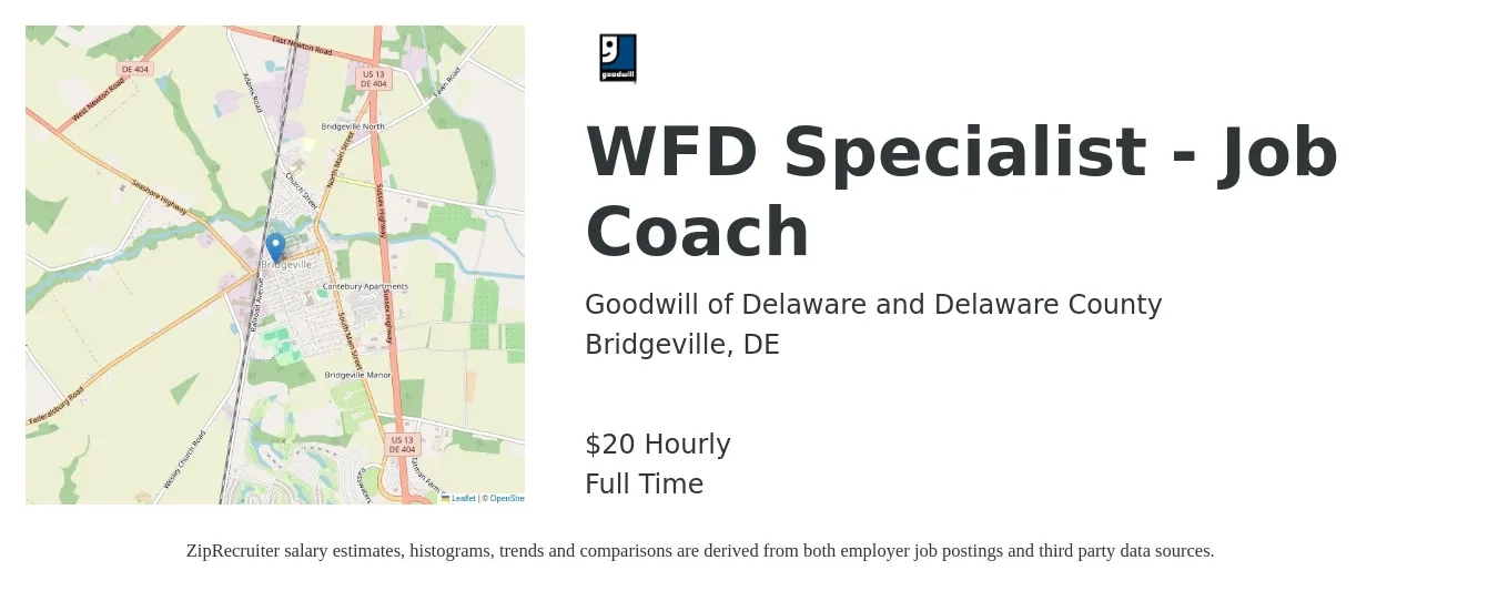 Goodwill of Delaware and Delaware County job posting for a WFD Specialist - Job Coach in Bridgeville, DE with a salary of $21 Hourly with a map of Bridgeville location.