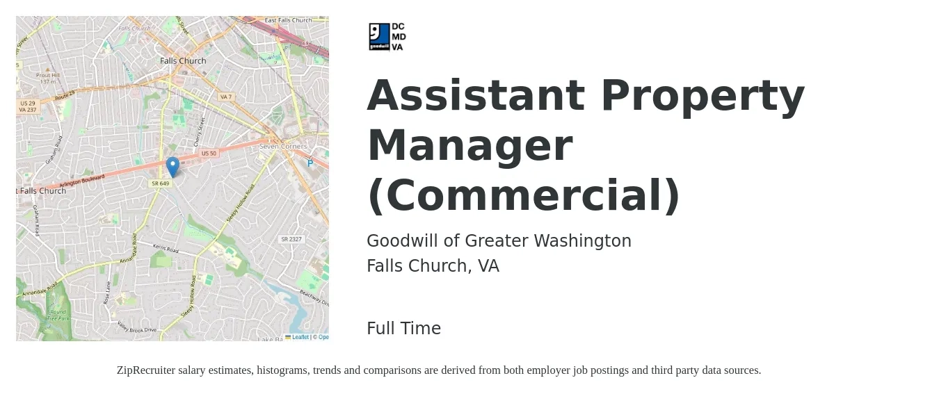 Goodwill of Greater Washington job posting for a Assistant Property Manager (Commercial) in Falls Church, VA with a salary of $20 to $27 Hourly with a map of Falls Church location.