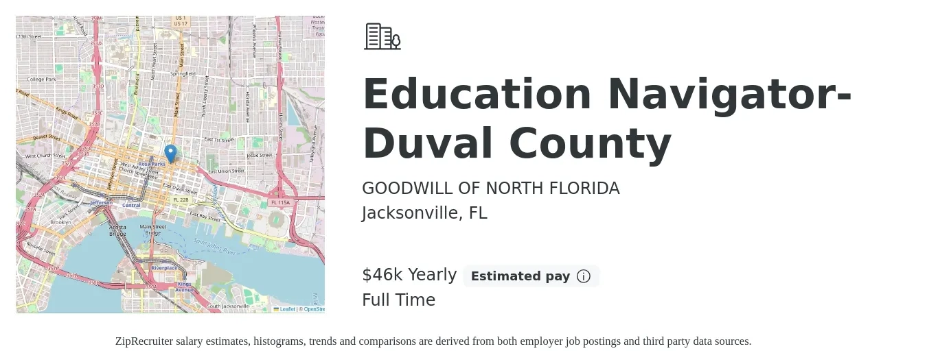 GOODWILL OF NORTH FLORIDA job posting for a Education Navigator- Duval County in Jacksonville, FL with a salary of $46,000 Yearly with a map of Jacksonville location.