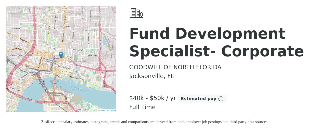 GOODWILL OF NORTH FLORIDA job posting for a Fund Development Specialist- Corporate in Jacksonville, FL with a salary of $40,000 to $50,000 Yearly with a map of Jacksonville location.