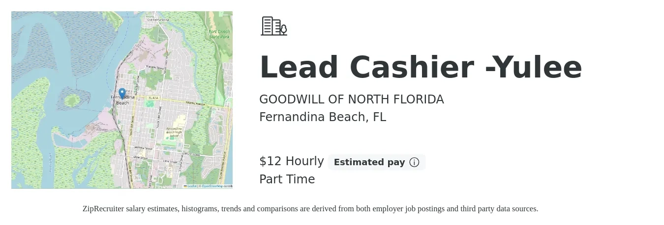 GOODWILL OF NORTH FLORIDA job posting for a Lead Cashier -Yulee in Fernandina Beach, FL with a salary of $14 Hourly with a map of Fernandina Beach location.
