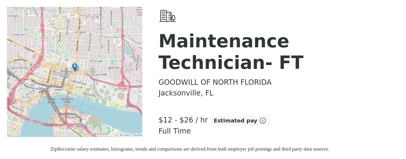 GOODWILL OF NORTH FLORIDA job posting for a Maintenance Technician- FT in Jacksonville, FL with a salary of $13 to $28 Hourly with a map of Jacksonville location.