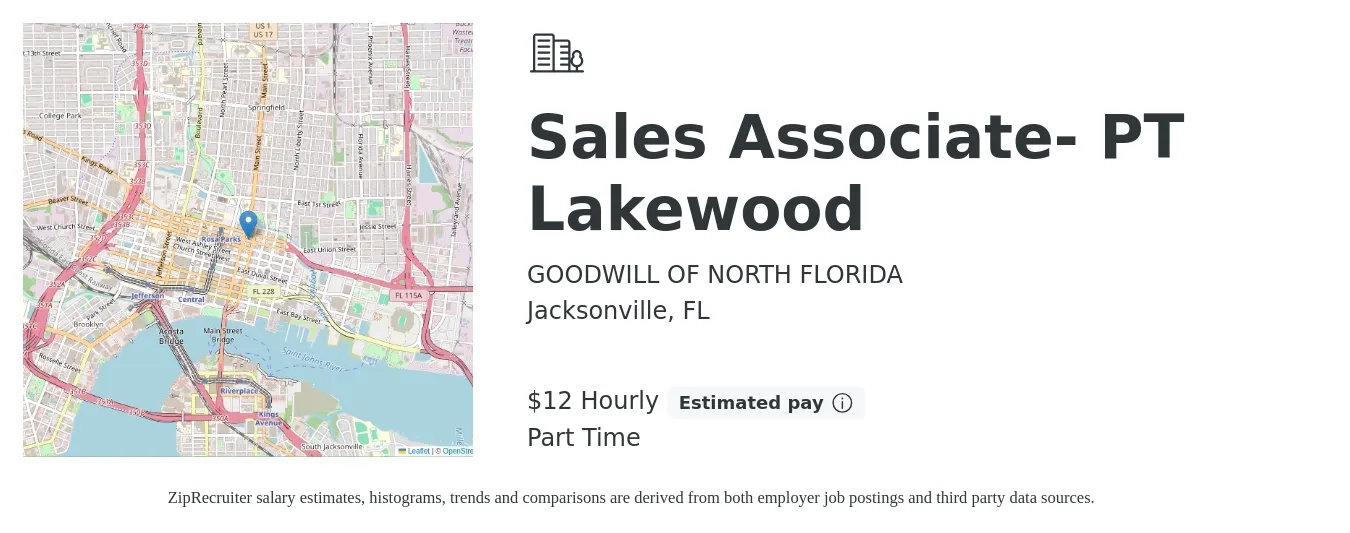GOODWILL OF NORTH FLORIDA job posting for a Sales Associate- PT Lakewood in Jacksonville, FL with a salary of $13 Hourly with a map of Jacksonville location.