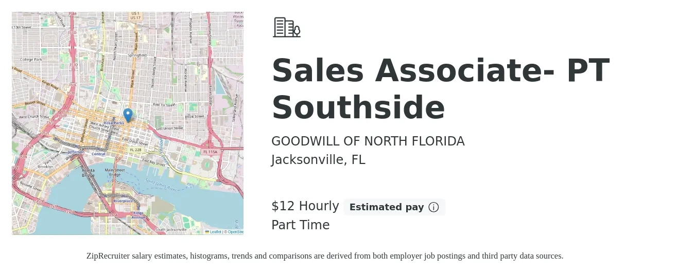 GOODWILL OF NORTH FLORIDA job posting for a Sales Associate- PT Southside in Jacksonville, FL with a salary of $13 Hourly with a map of Jacksonville location.