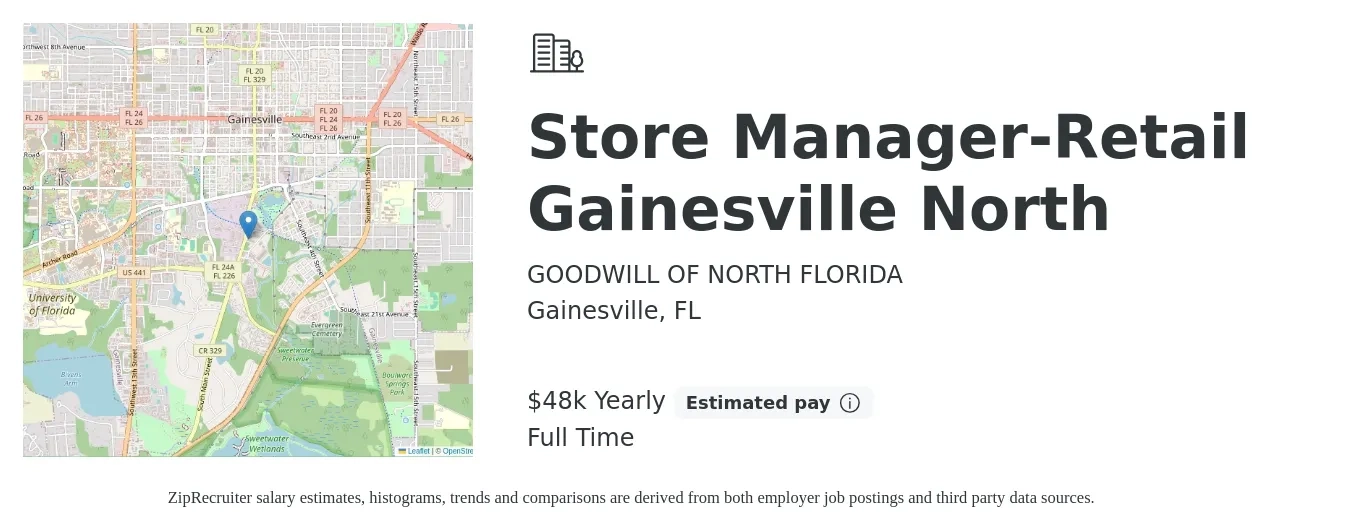 GOODWILL OF NORTH FLORIDA job posting for a Store Manager-Retail Gainesville North in Gainesville, FL with a salary of $48,000 Yearly with a map of Gainesville location.