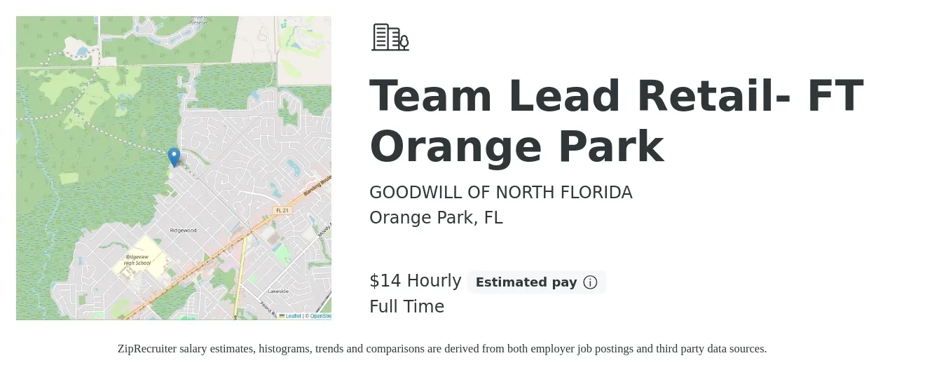 GOODWILL OF NORTH FLORIDA job posting for a Team Lead Retail- FT Orange Park in Orange Park, FL with a salary of $15 Hourly with a map of Orange Park location.
