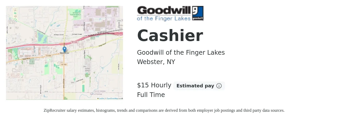 Goodwill of the Finger Lakes job posting for a Cashier in Webster, NY with a salary of $16 Yearly with a map of Webster location.