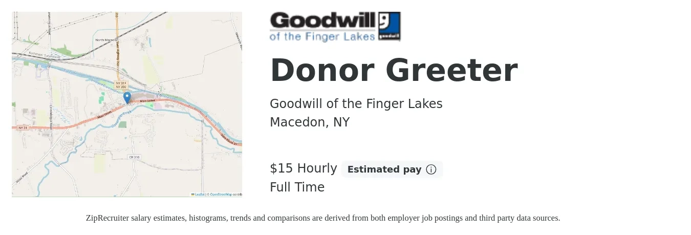Goodwill of the Finger Lakes job posting for a Donor Greeter in Macedon, NY with a salary of $16 Hourly with a map of Macedon location.
