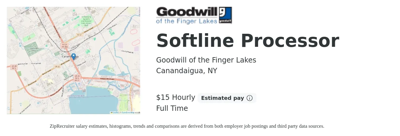 Goodwill of the Finger Lakes job posting for a Softline Processor in Canandaigua, NY with a salary of $16 Hourly with a map of Canandaigua location.