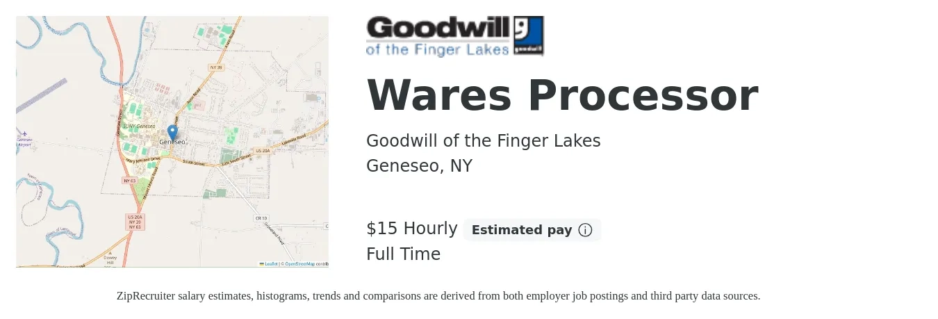 Goodwill of the Finger Lakes job posting for a Wares Processor in Geneseo, NY with a salary of $16 Hourly with a map of Geneseo location.