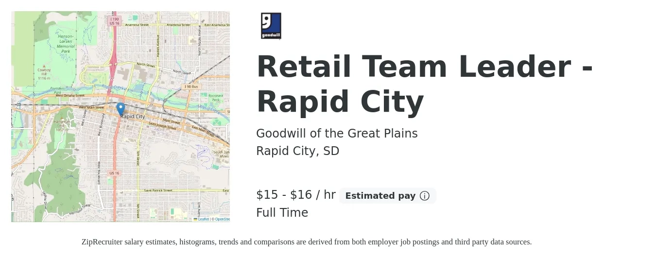 Goodwill of the Great Plains job posting for a Retail Team Leader - Rapid City in Rapid City, SD with a salary of $16 to $17 Hourly with a map of Rapid City location.