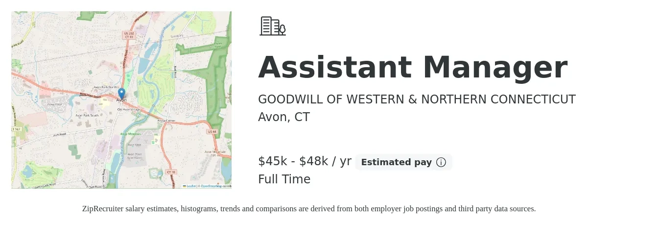 GOODWILL OF WESTERN & NORTHERN CONNECTICUT job posting for a Assistant Manager in Avon, CT with a salary of $45,000 to $48,000 Yearly with a map of Avon location.
