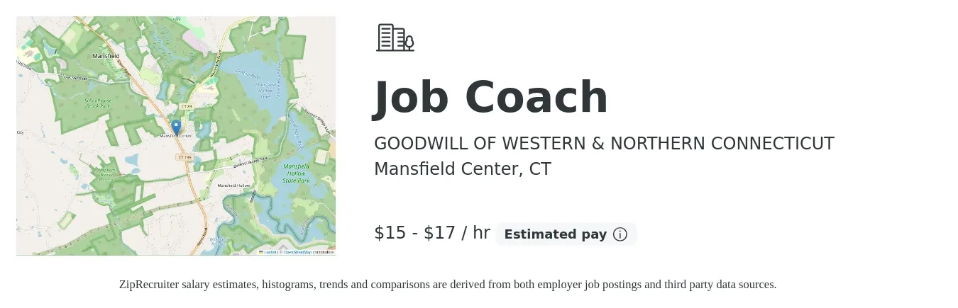 GOODWILL OF WESTERN & NORTHERN CONNECTICUT job posting for a Job Coach in Mansfield Center, CT with a salary of $16 to $18 Hourly with a map of Mansfield Center location.